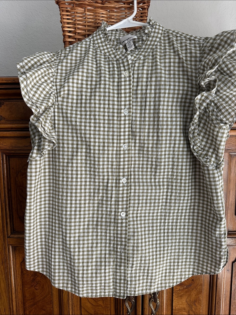 INDUSTRY Republic Gingham Button-Front Top - Olive & White